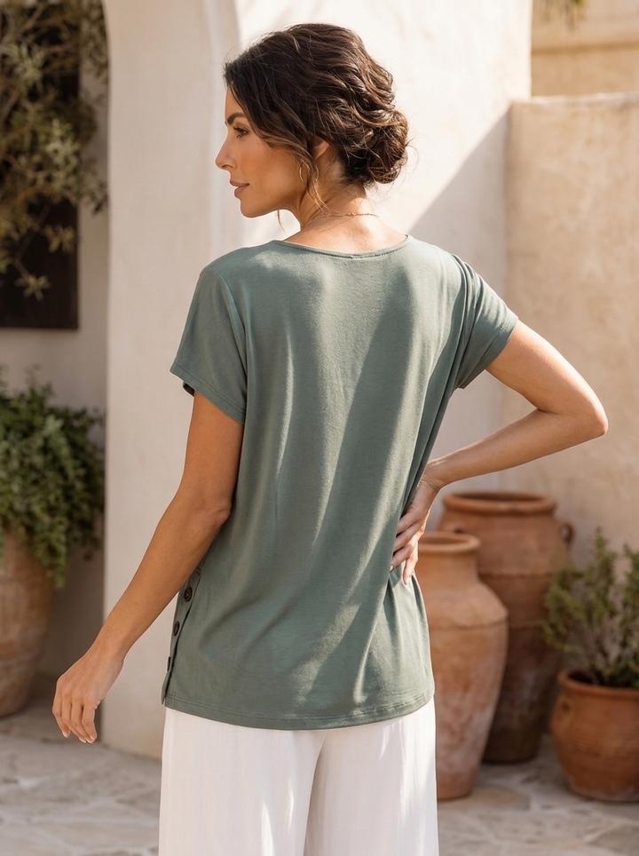 “CIARA” Button Detail Jersey Top khaki green