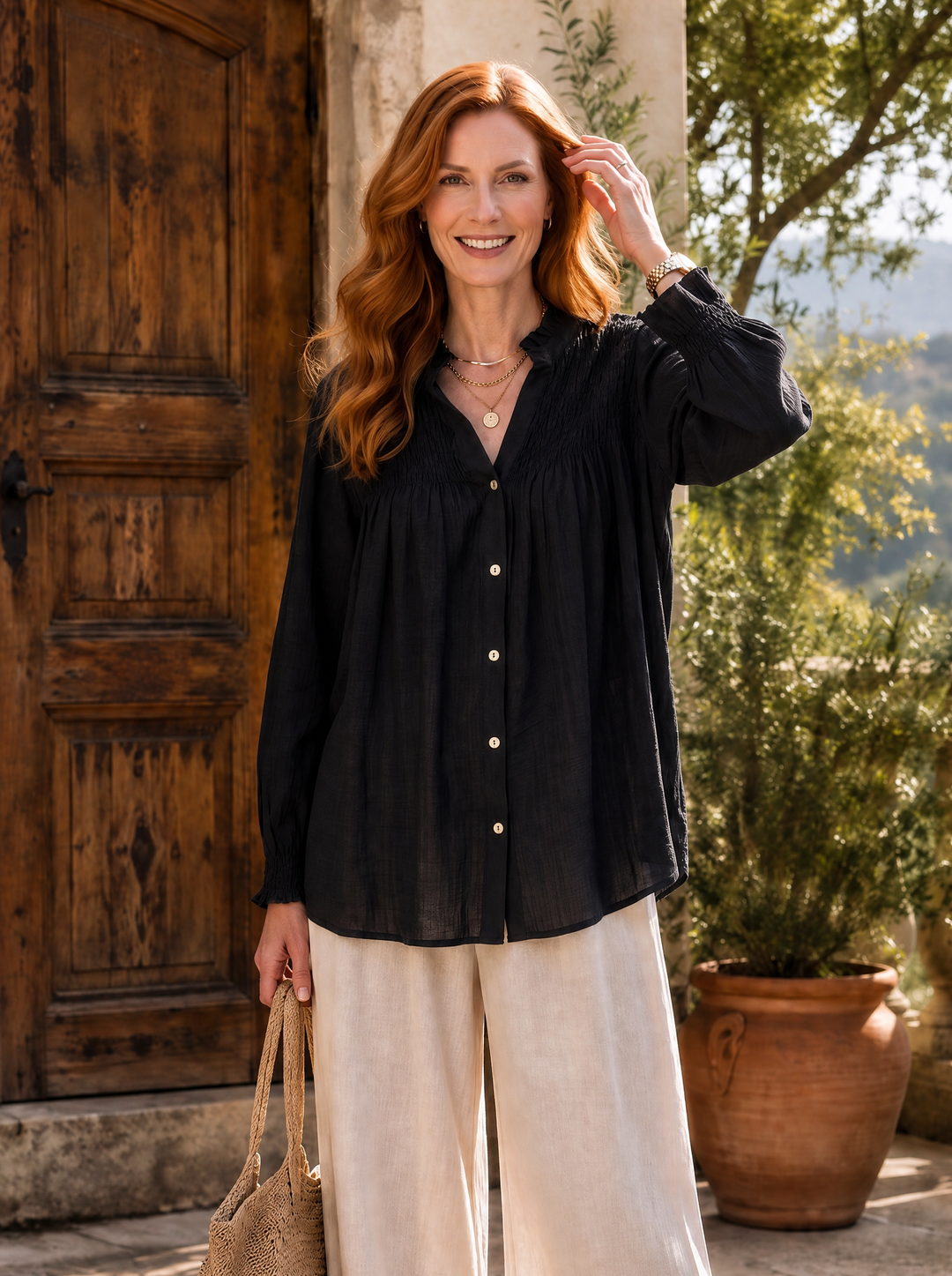 “ELIOSE” Romantic Fine Pintuck Detail Blouse black