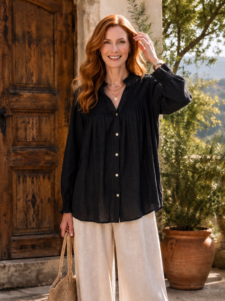 “ELIOSE” Romantic Fine Pintuck Detail Blouse black