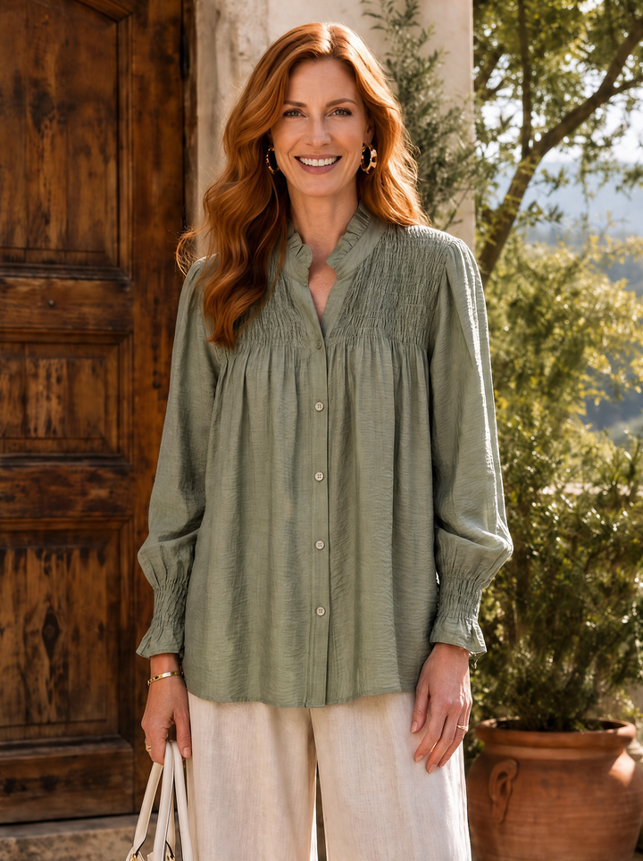 “ELIOSE” Romantic Fine Pintuck Detail Blouse khaki green