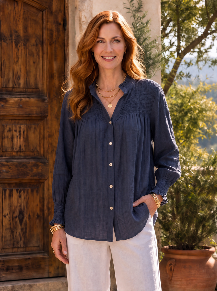 “ELIOSE” Romantic Fine Pintuck Detail Blouse navy