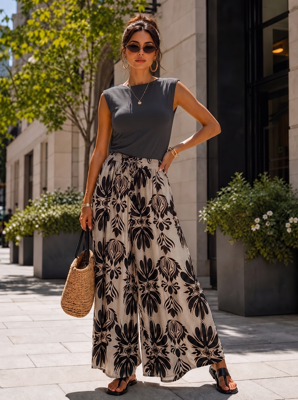 “KIA” Bontanical Print Wide Leg Trousers dark grey