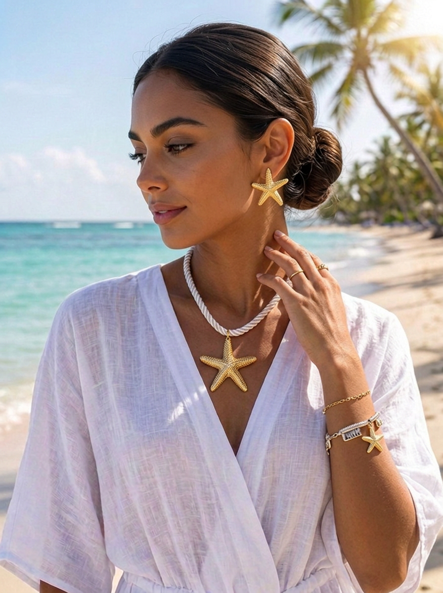 “IBIZA” Short Starfish Necklace & Earing Set gold