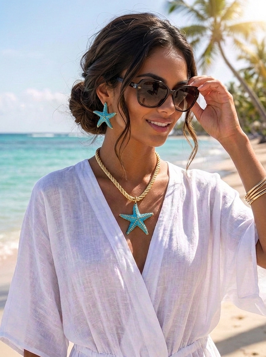“IBIZA” Short Starfish Necklace & Earing Set turquoise