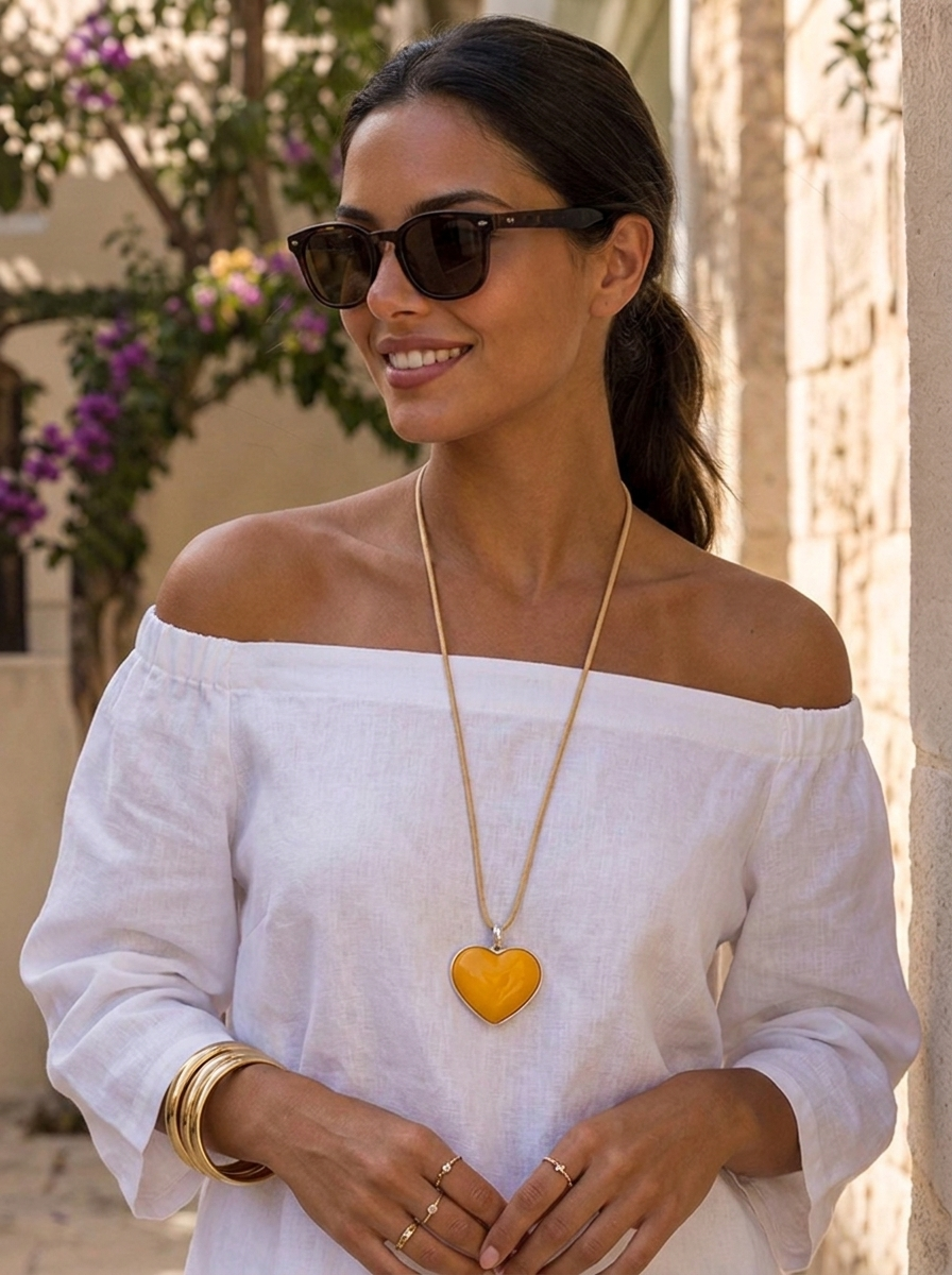 THE “AMOUR” Heart Pendant Necklace  gold mustard