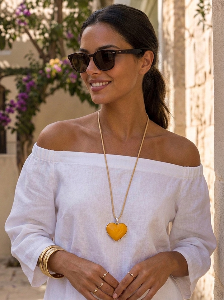 THE “AMOUR” Heart Pendant Necklace  gold mustard