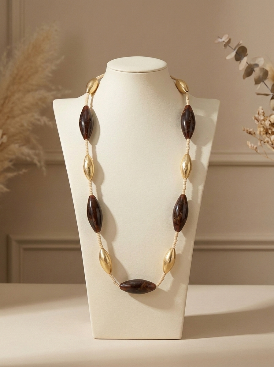 “SERENA” Long Statement Necklace gold & brown