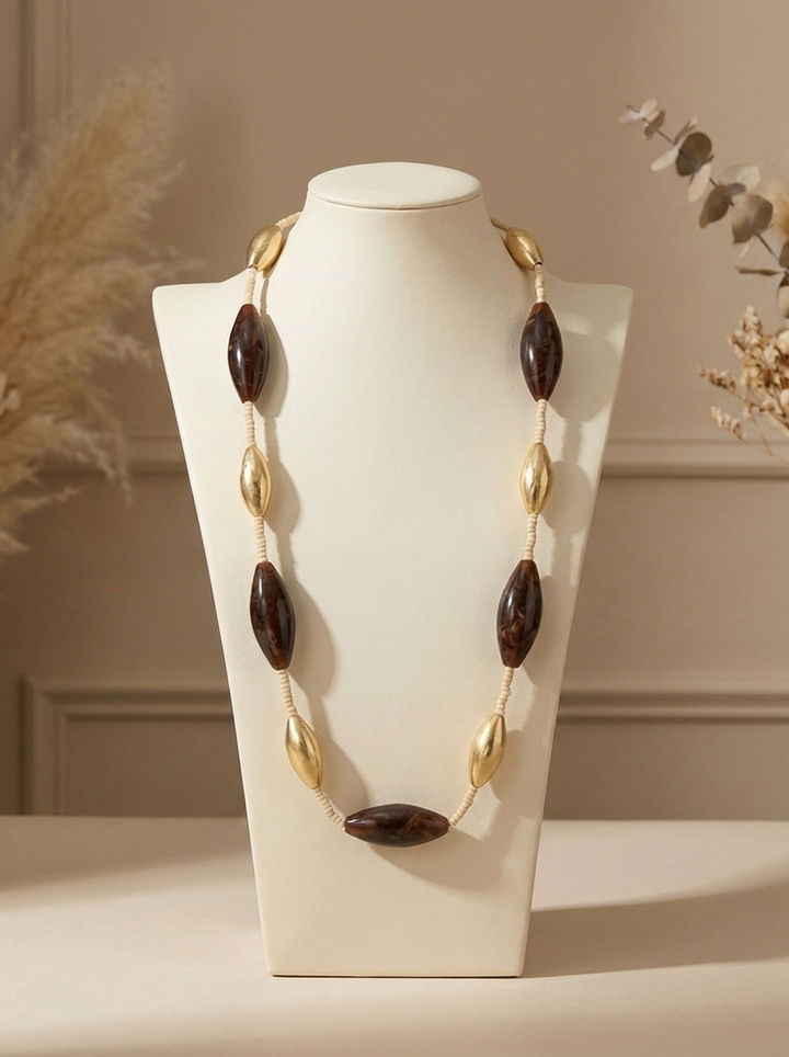 “SERENA” Long Statement Necklace gold & brown