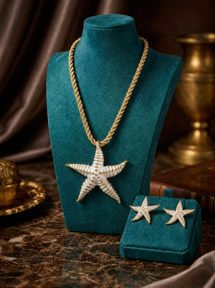“IBIZA” Short Starfish Necklace & Earing Set ivory and gold