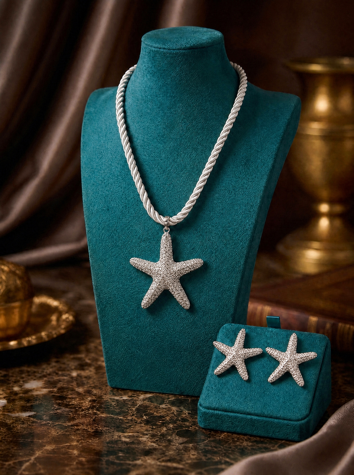 “IBIZA” Short Starfish Necklace & Earing Set silver