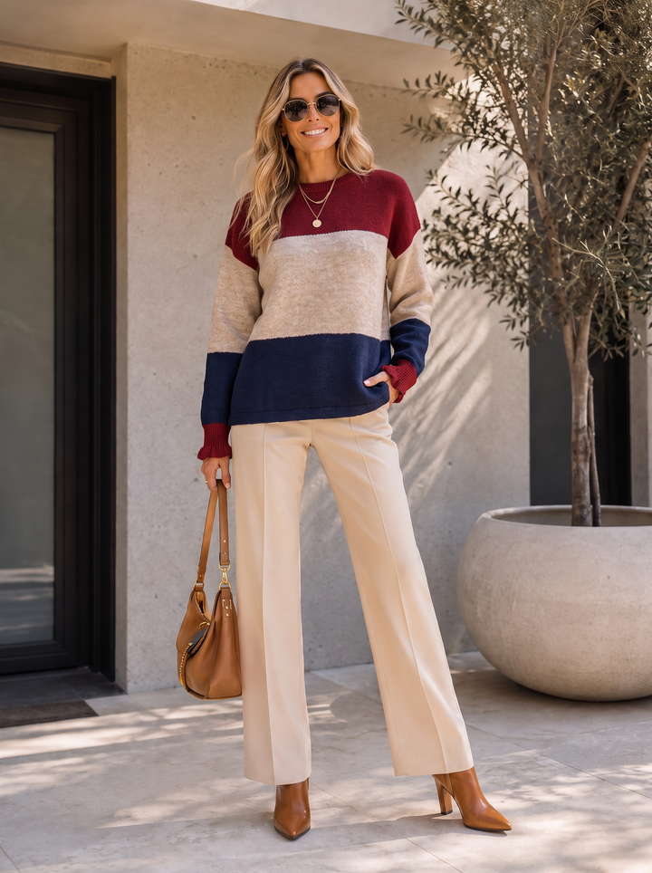 “LINDSAY”  Colour Block Knit Jumper Burgundy
