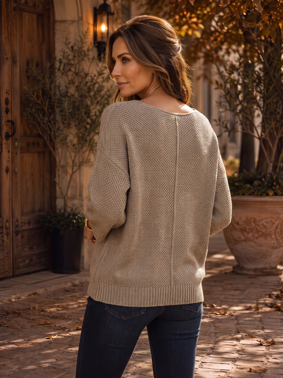 “NATASHA” V-Neck Fine Knit Top mocha
