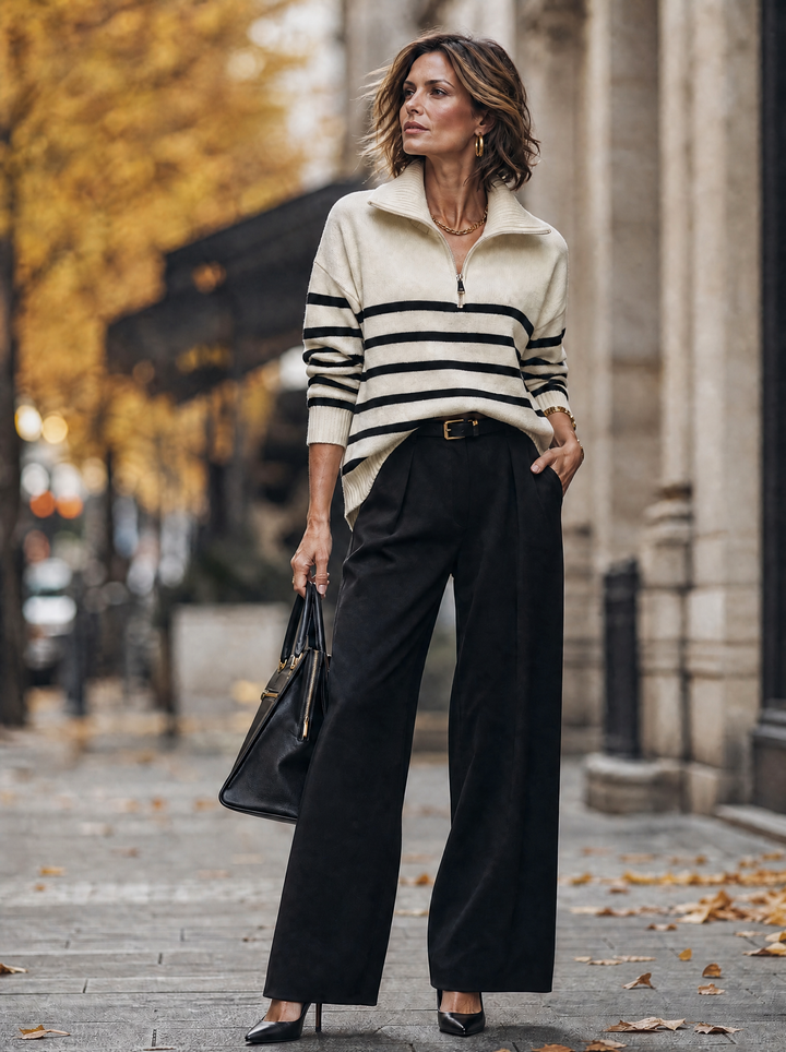 “POLLY” Stripe Quarter Zip Soft Jumper cream