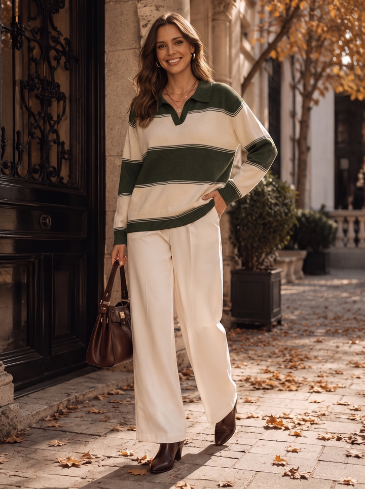 “CASEY” Striped Collared Knit khaki green