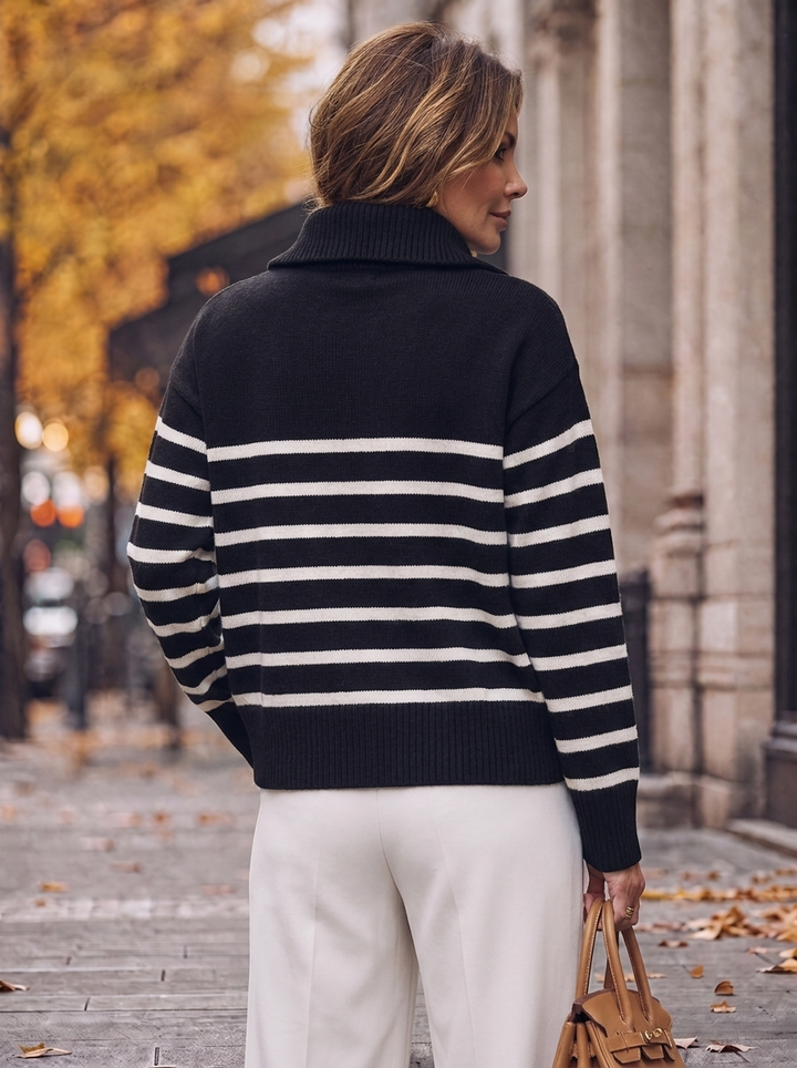 “POLLY” Stripe Quarter Zip Soft Jumper black