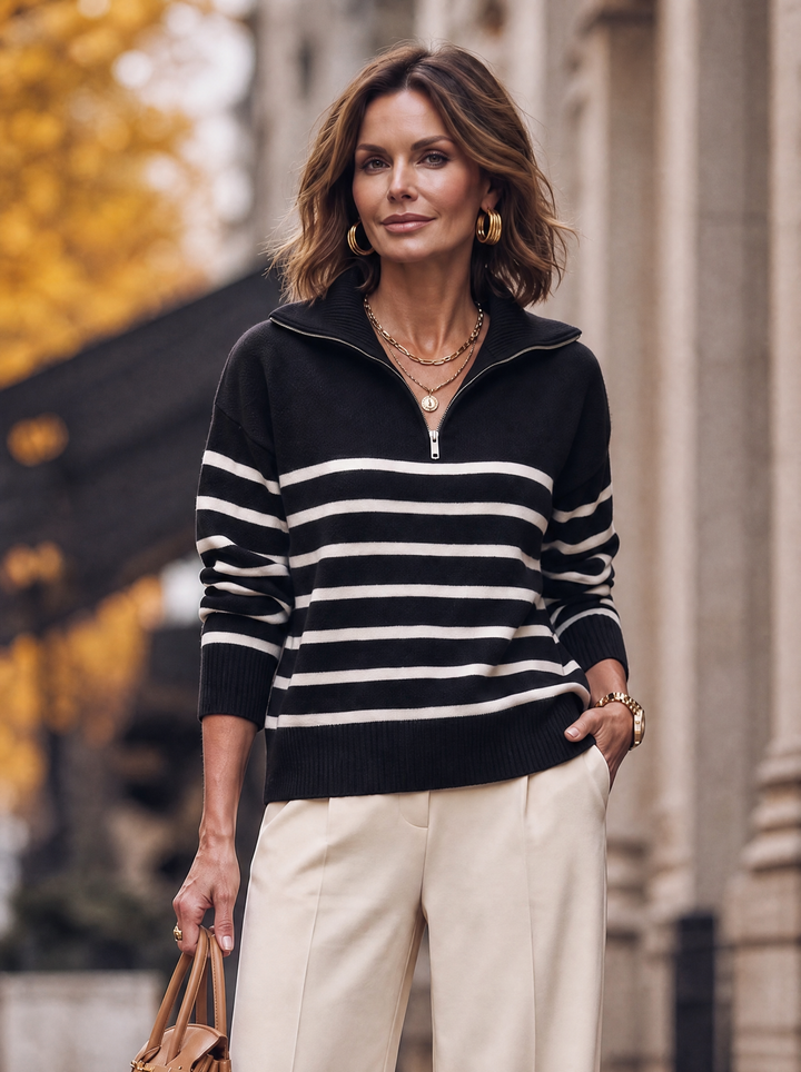 “POLLY” Stripe Quarter Zip Soft Jumper black