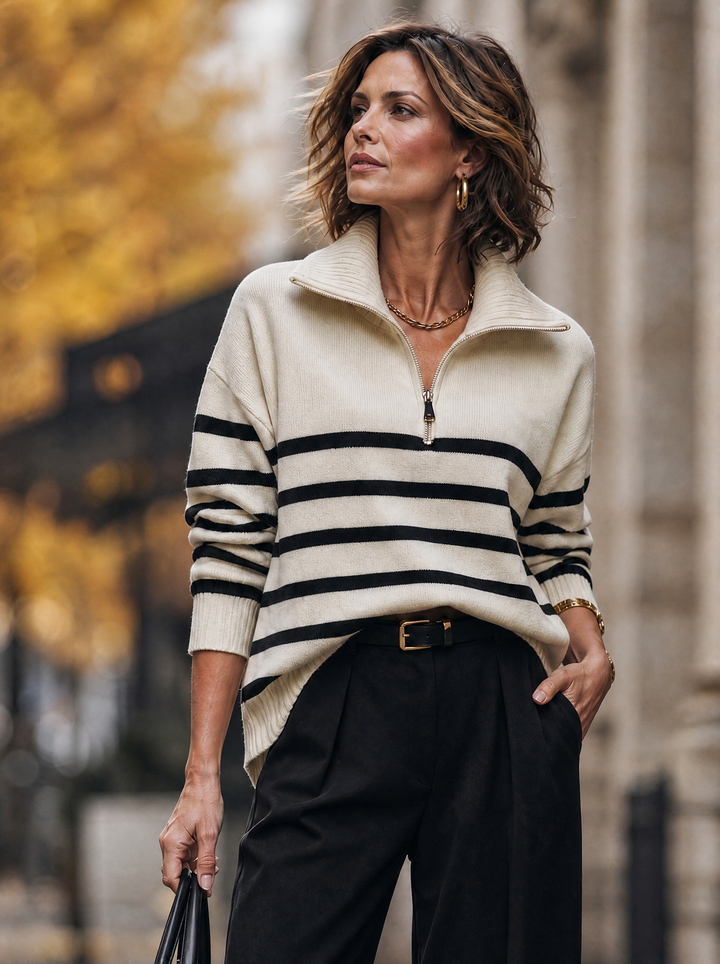 “POLLY” Stripe Quarter Zip Soft Jumper cream