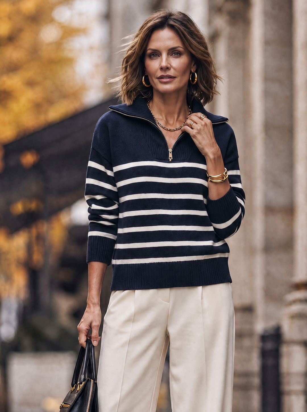 “POLLY” Stripe Quarter Zip Soft Jumper navy