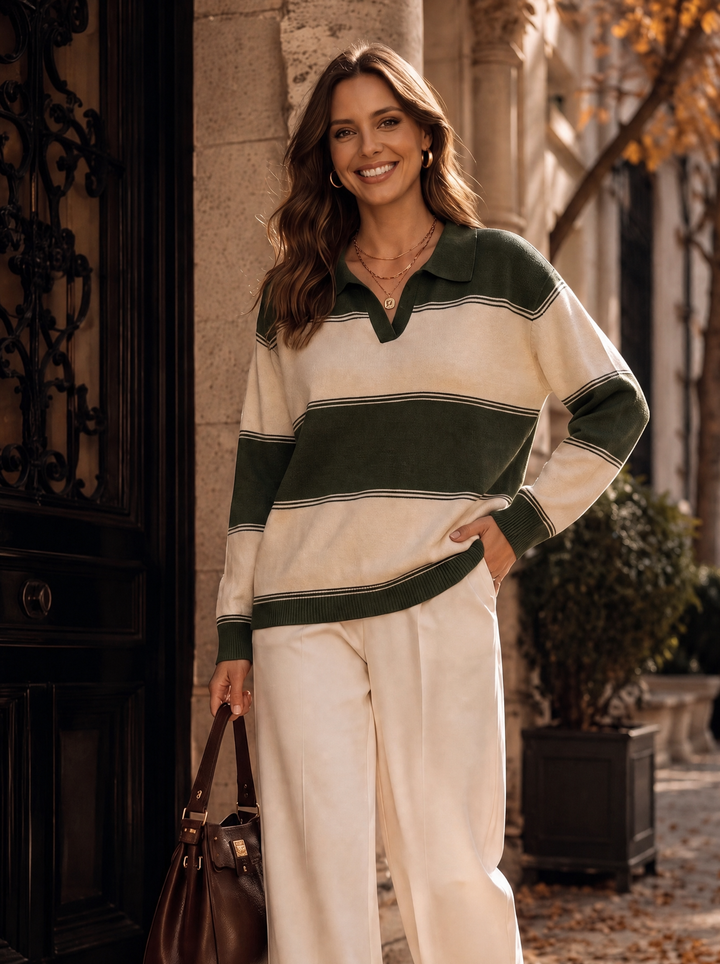 “CASEY” Striped Collared Knit khaki green