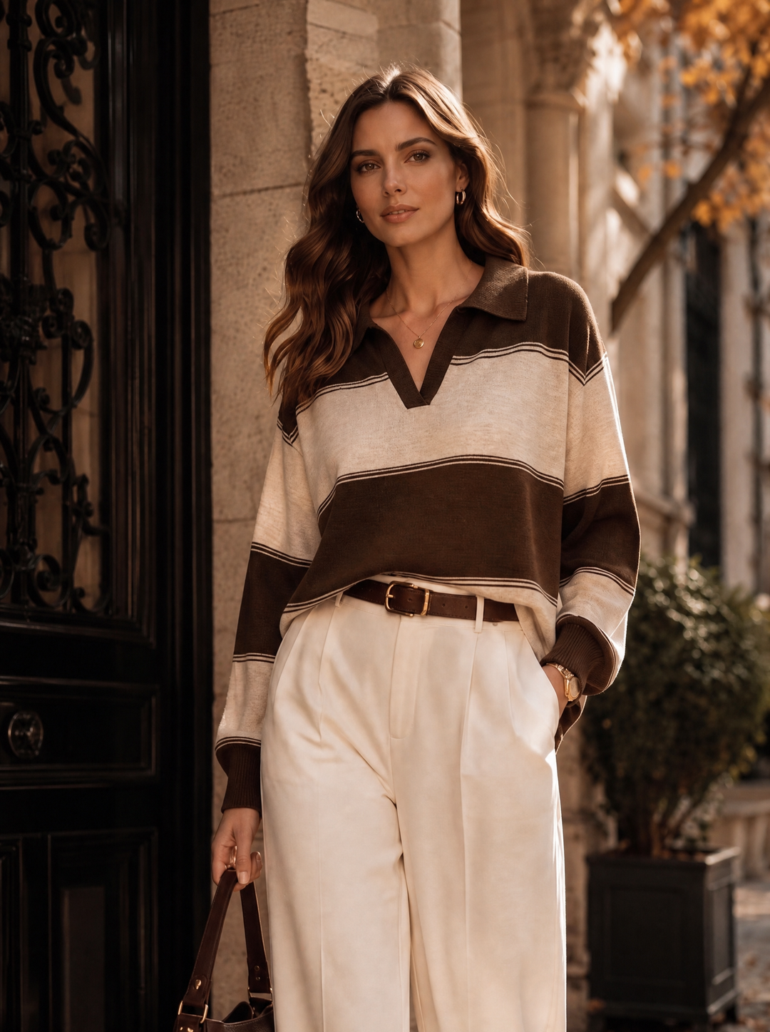 “CASEY” Striped Collared Knit chocolate