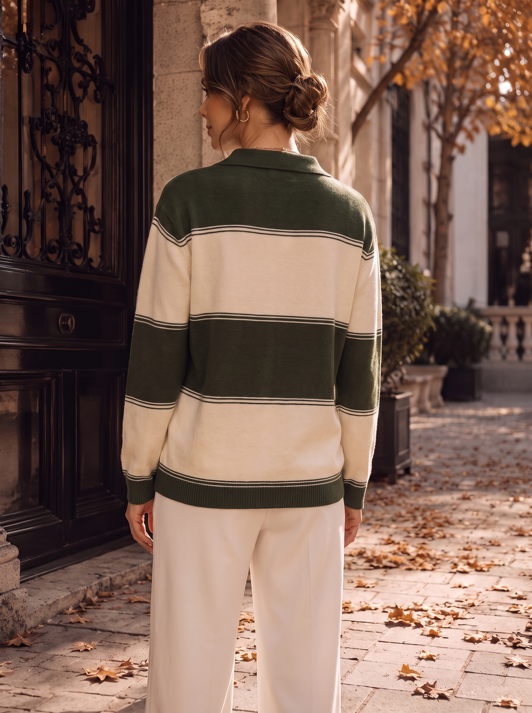 “CASEY” Striped Collared Knit khaki green