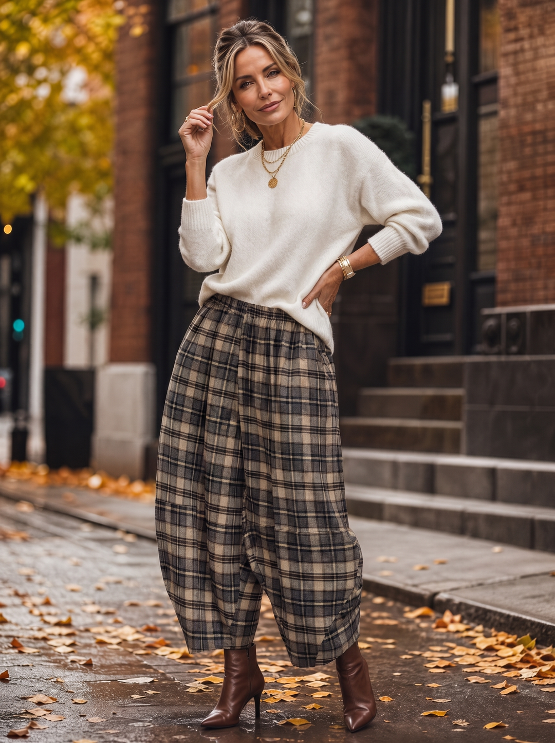 “CARRIE” Heritage Check Barrel Trousers brown check