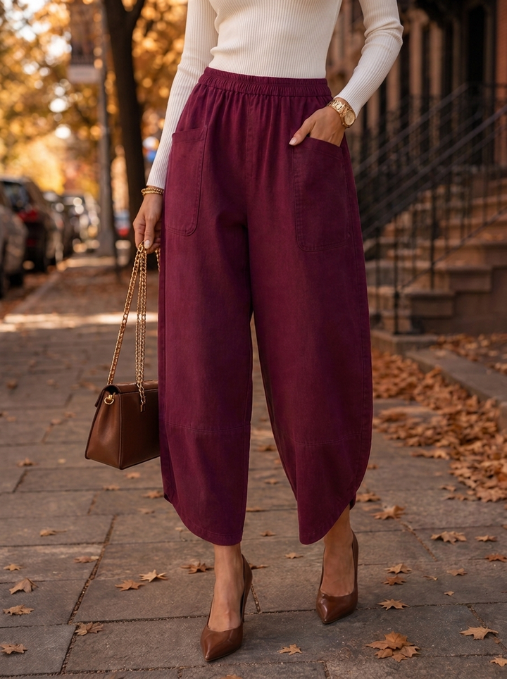 “LARA” Lagenlook Canvas Tulip Trousers burgundy