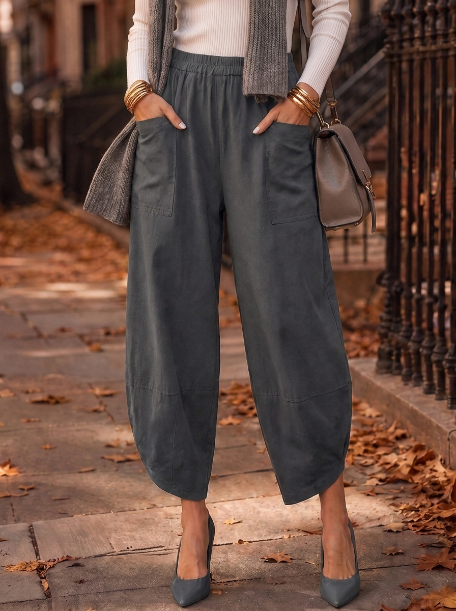 “LARA” Lagenlook Canvas Tulip Trousers slate grey