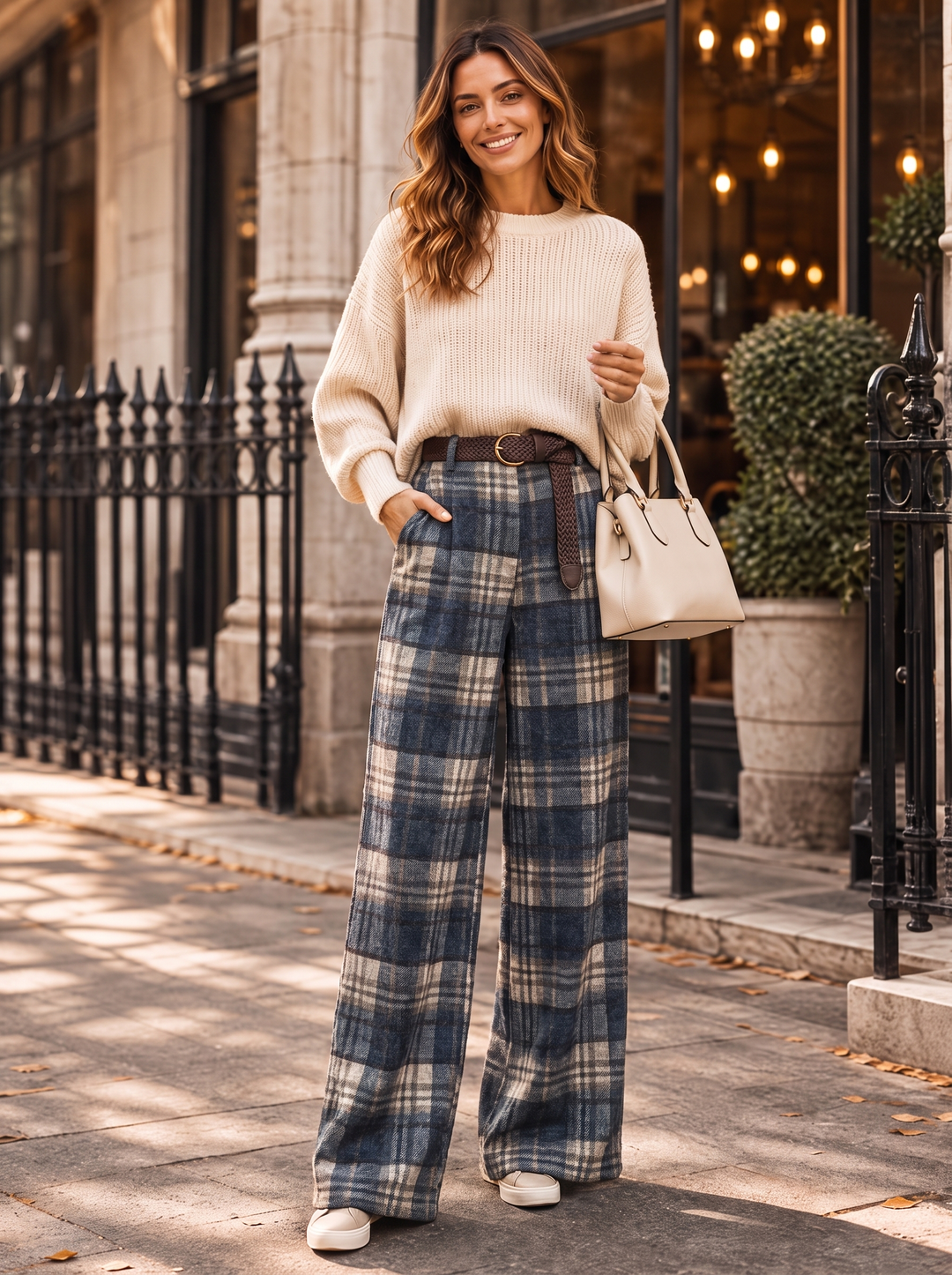“HARLEY” Heritage Check Wide-Leg Trousers navy