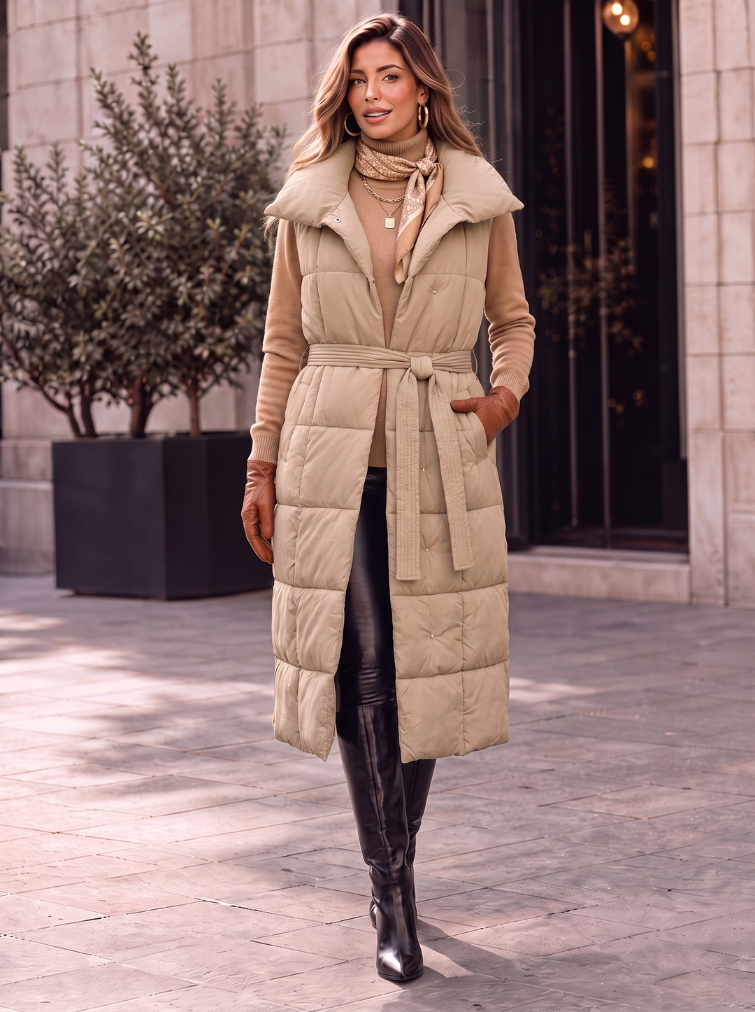 “RORY” Premium Quilted Longline Quilted Gilet beige