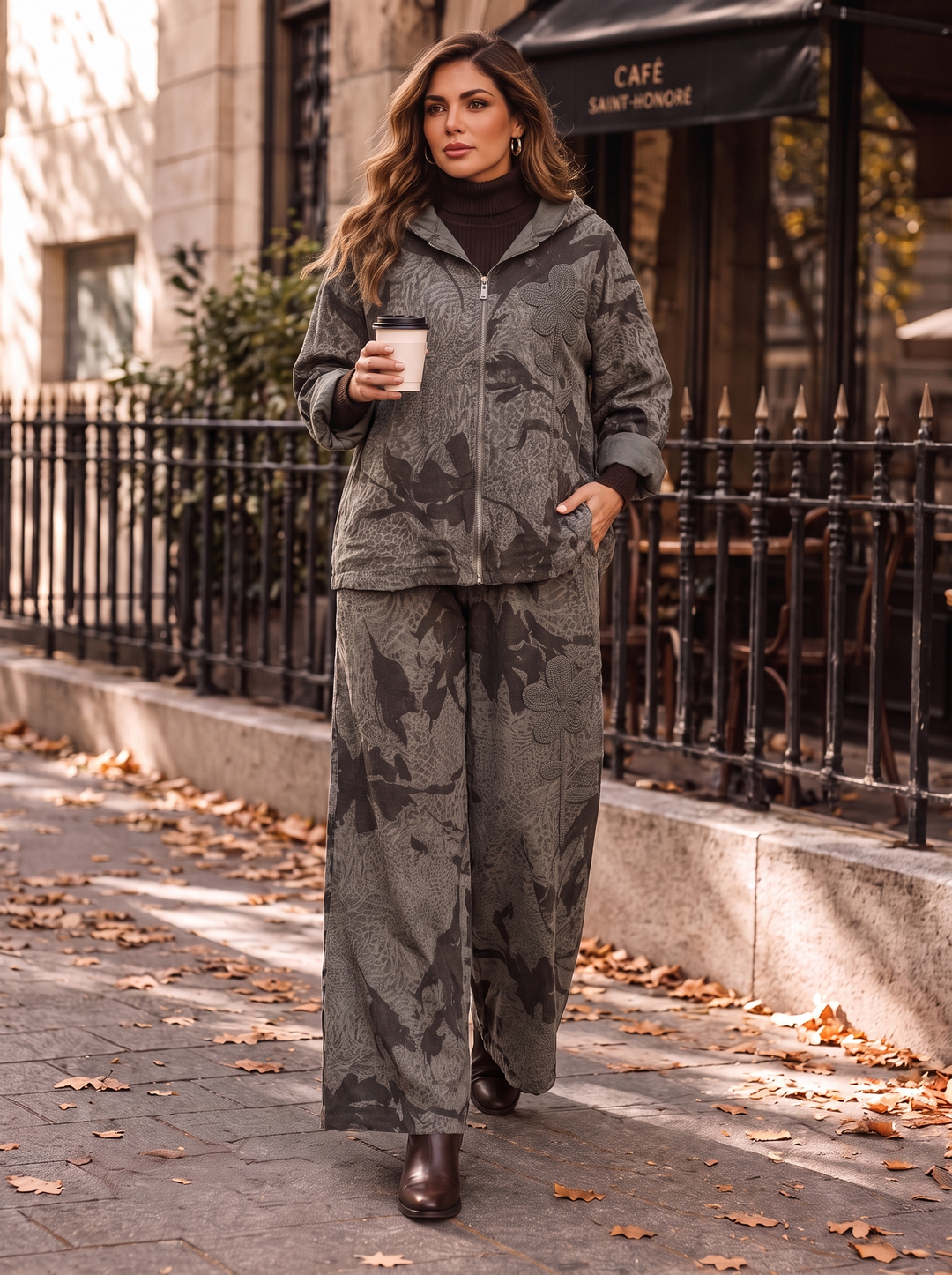 “TYRA” Printed Needlecord Barrel Trousers mocha