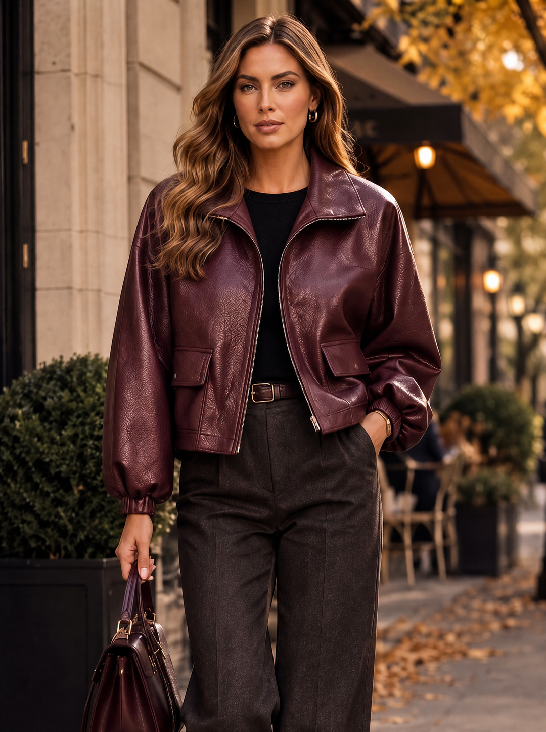“ANDREA COLLECTION” Faux Leather Bomber Jacket burgundy