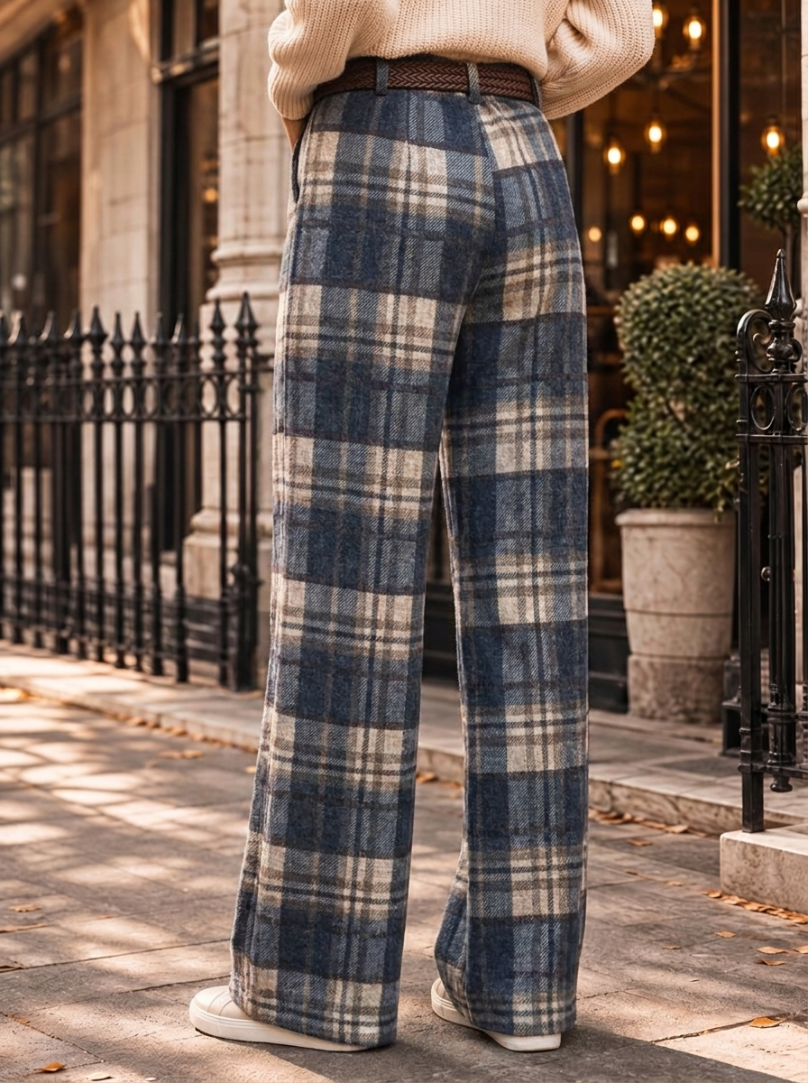 “HARLEY” Heritage Check Wide-Leg Trousers navy