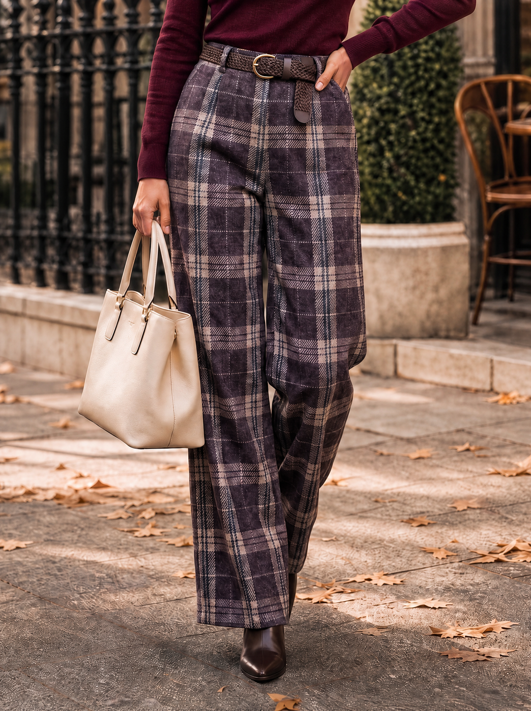 “HARLEY” Heritage Check Wide-Leg Trousers plum