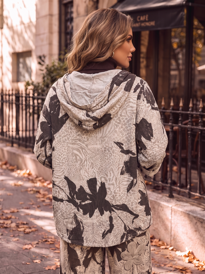 “TYRA” Printed Needlecord Hooded  Jacket cream