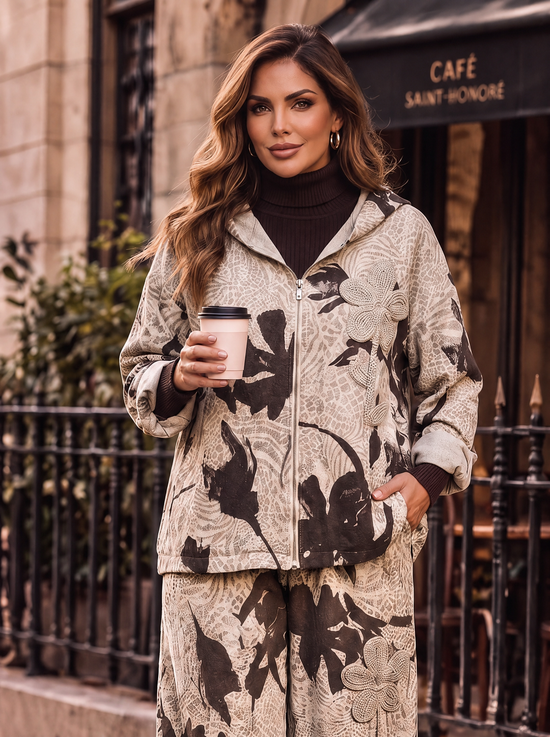 “TYRA” Printed Needlecord Hooded  Jacket cream