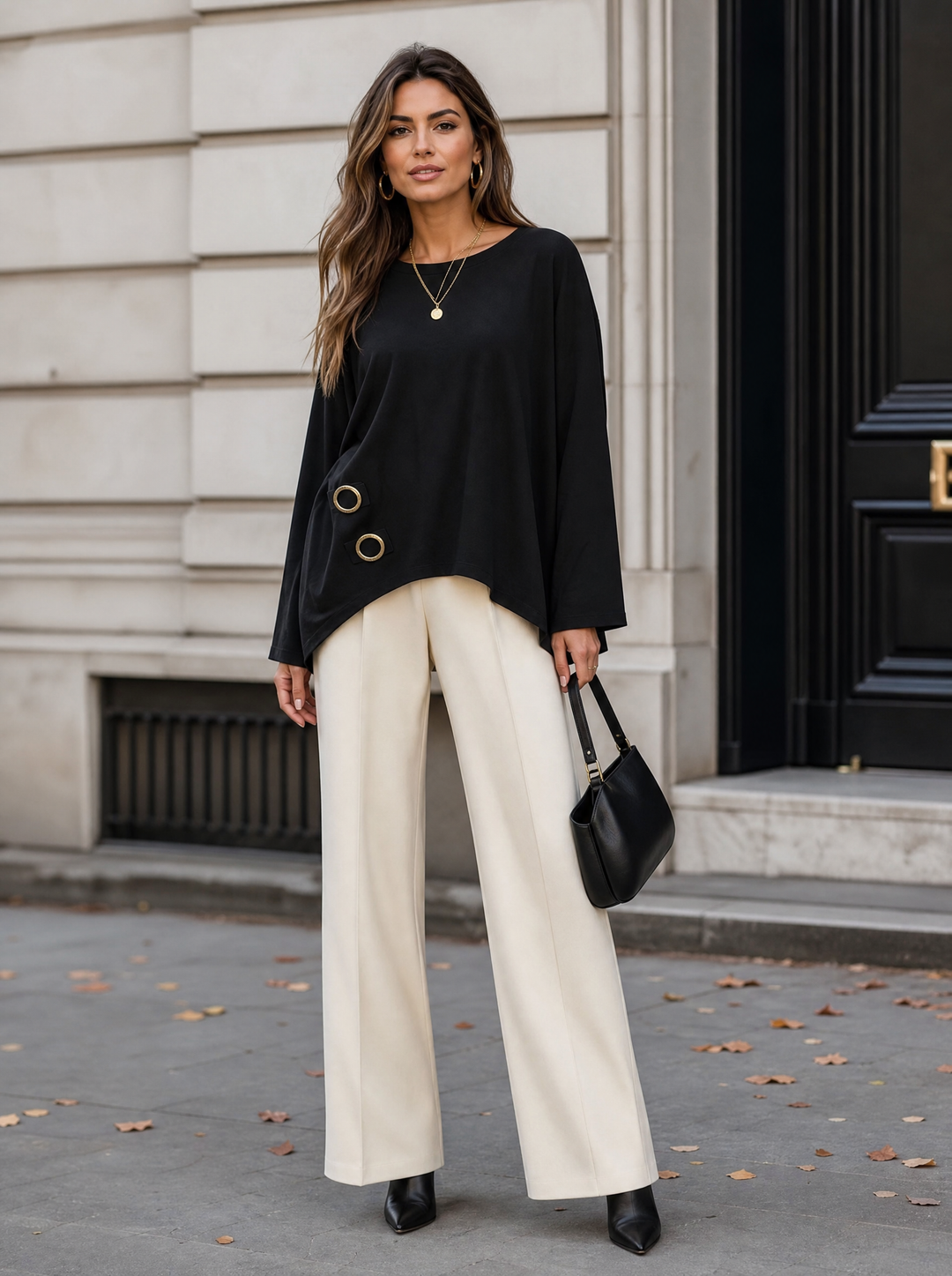 “KENZIE Collection” Eyelet Detail Dipped Hem Sweat Top black