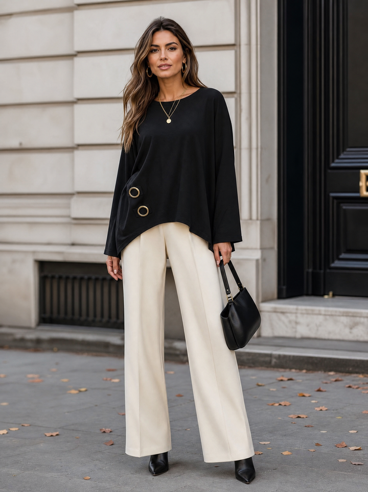 “KENZIE Collection” Eyelet Detail Dipped Hem Sweat Top black