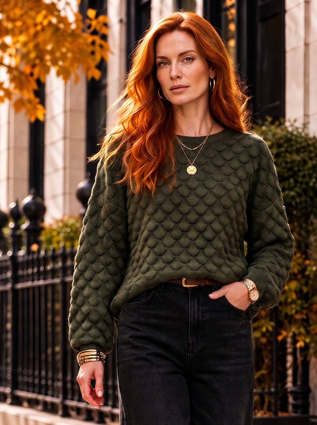 “KENDALL” Textured Petal Knit Jumper khaki