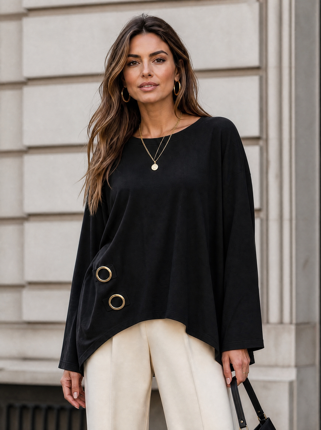 “KENZIE Collection” Eyelet Detail Dipped Hem Sweat Top black