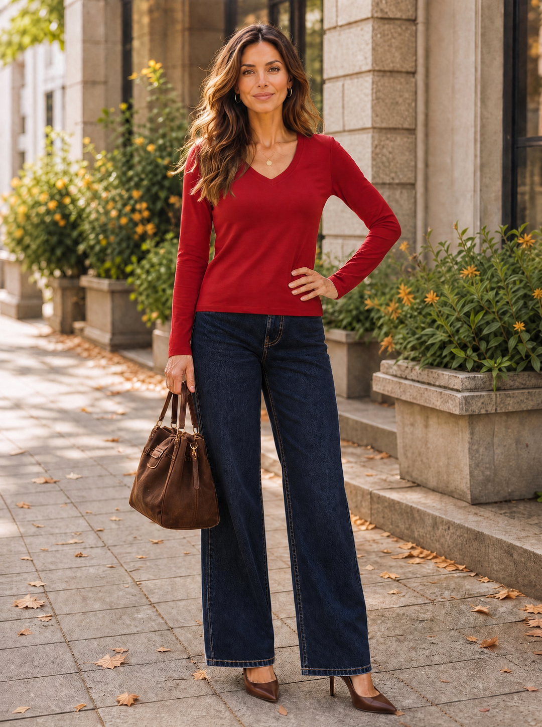 “KAYLA” Fleece-Lined V-Neck Top red