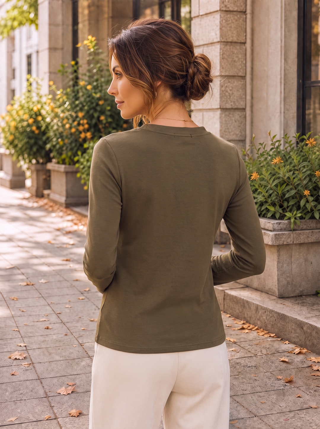 “KAYLA” Fleece-Lined V-Neck Top off KHAKI GREEN
