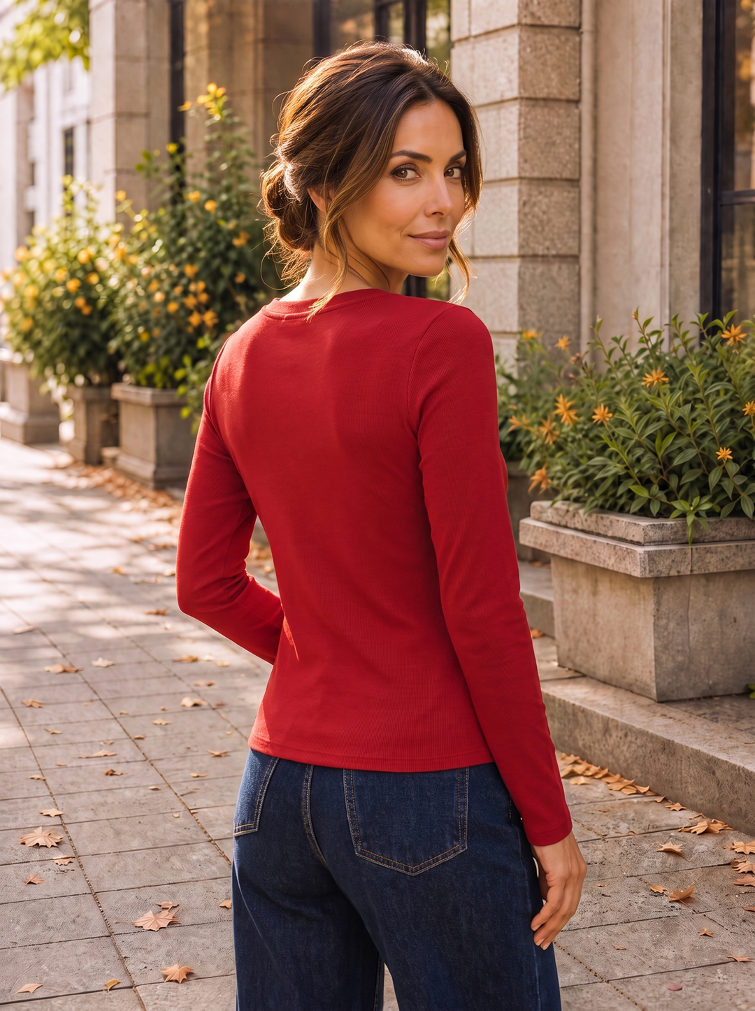 “KAYLA” Fleece-Lined V-Neck Top red