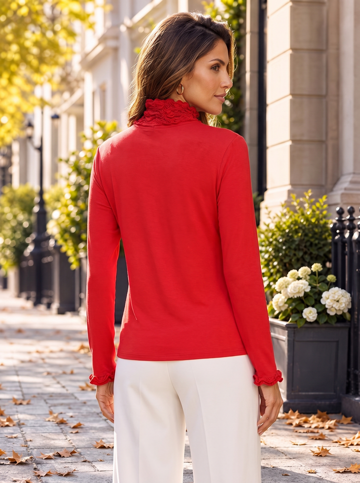 “LIVIA” Ruffle Polo Neck Top red