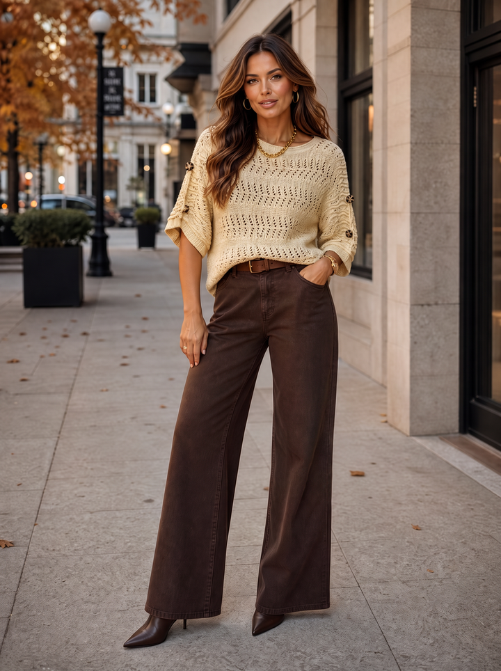 “GWEN” Button Sleeve Open Knit Jumper cream