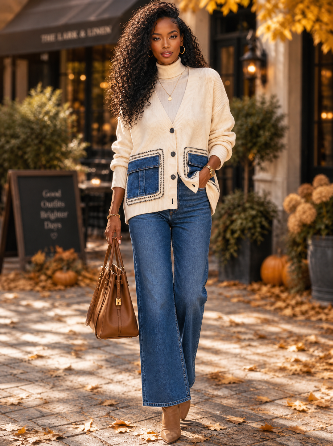 “BONNIE” Premium Denim Pocket Knit Cardigan cream
