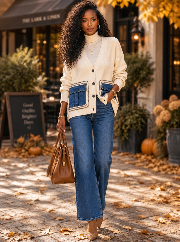 “BONNIE” Premium Denim Pocket Knit Cardigan cream
