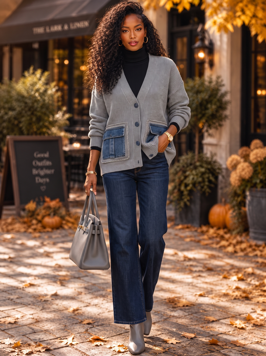 “BONNIE” Premium Denim Pocket Knit Cardigan grey