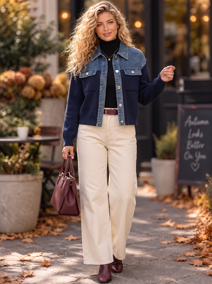 “ANNIE” Premium Two-Tone Denim & Knit Jacket navy