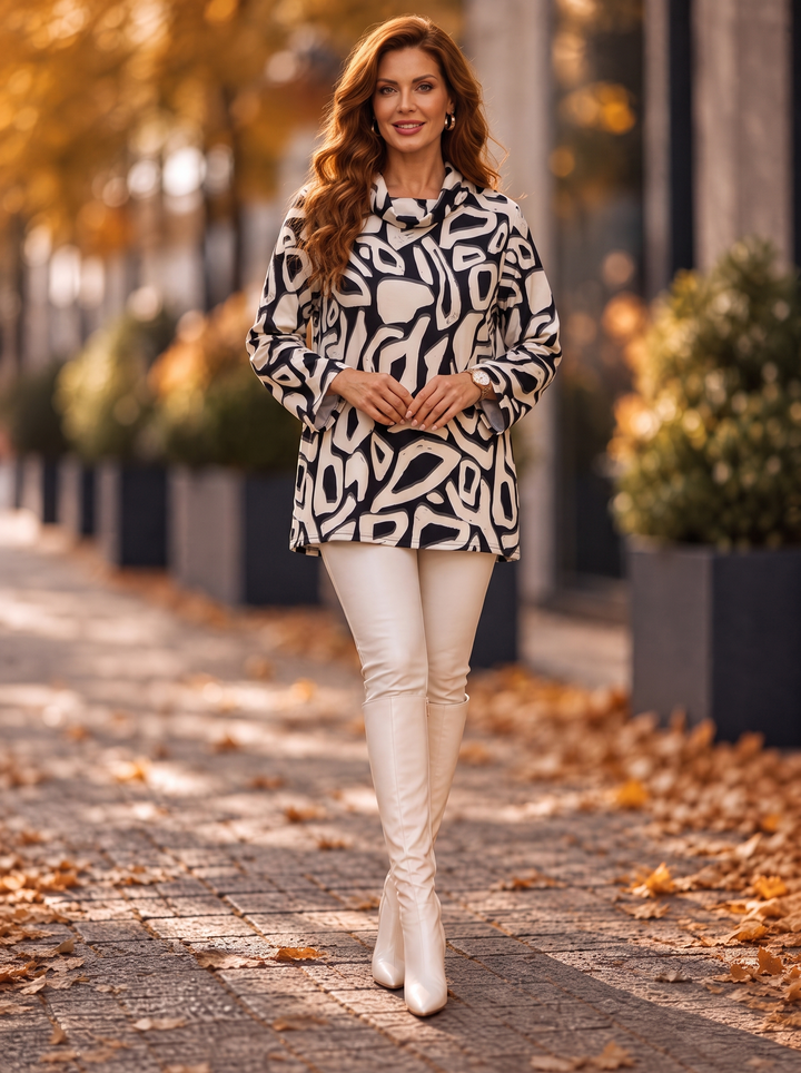“HENLEY” Premium Abstract Cowl Neck Top/Tunic black